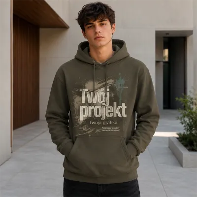 Bluza z Kapturem College Hoodie - Nadruk - kolor Olive Green Bluza z Kapturem College Hoodie - Nadruk - kolor Olive Green